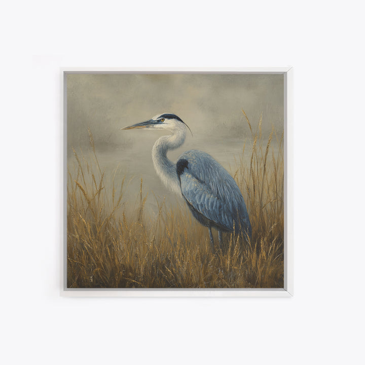Blue Heron in Misty Marsh Grass Framed Canvas Print, Bird Art, Forest Wall Art, Living Room Decor, Flight, Minimalist Decor, BIR-1x1-74