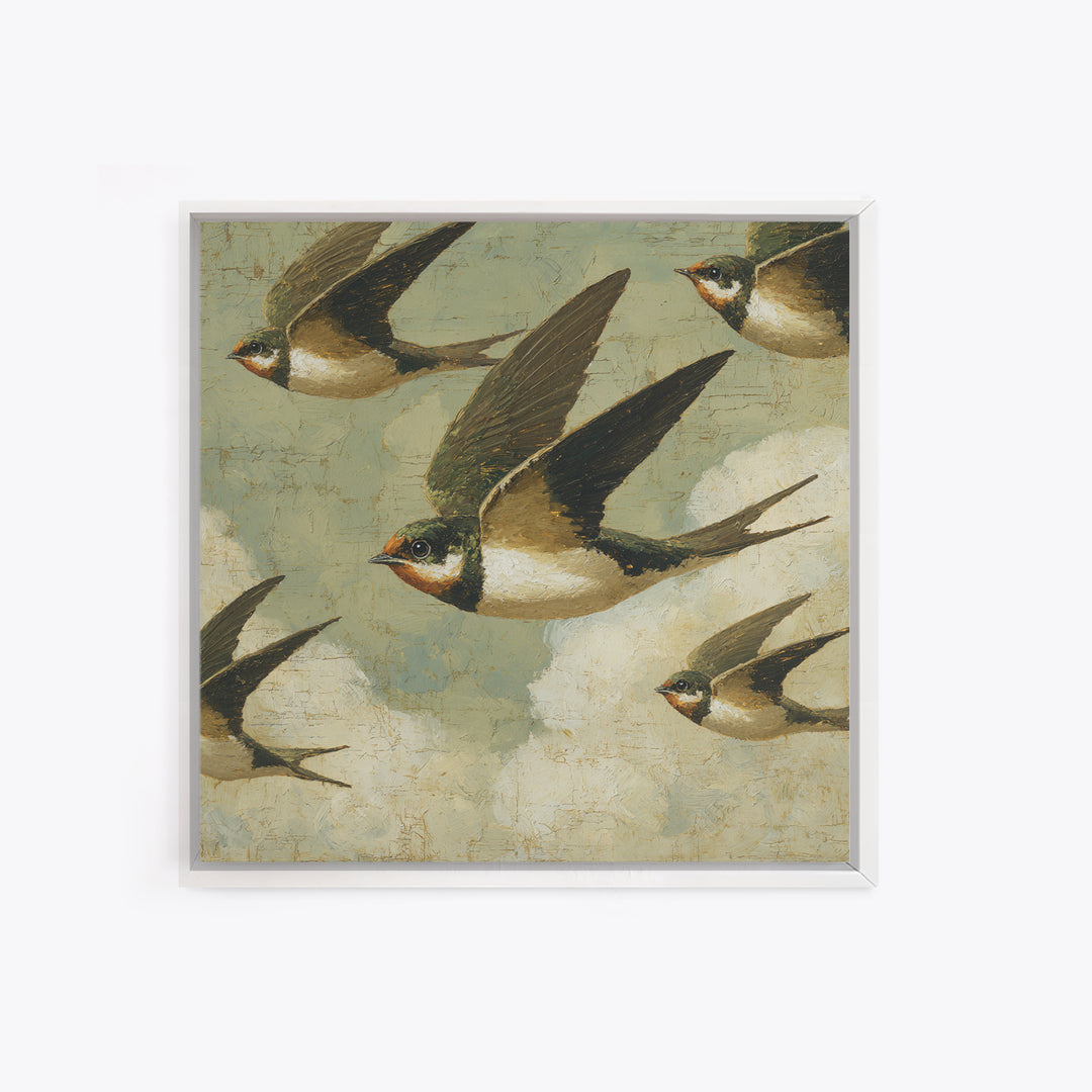 Flock of Swallows Sweeping Across Open Sky Framed Canvas Print, Bird Art, Gallery Decor, Living Room Decor, Fine Art, Flight, BIR-1x1-78