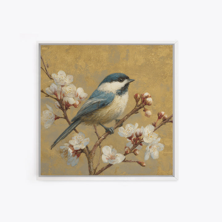 Songbird Perched on Cherry Blossoms Framed Canvas Print, Bird Art, Digital Print, Living Room Decor, Fine Art, Flight, BIR-1x1-8