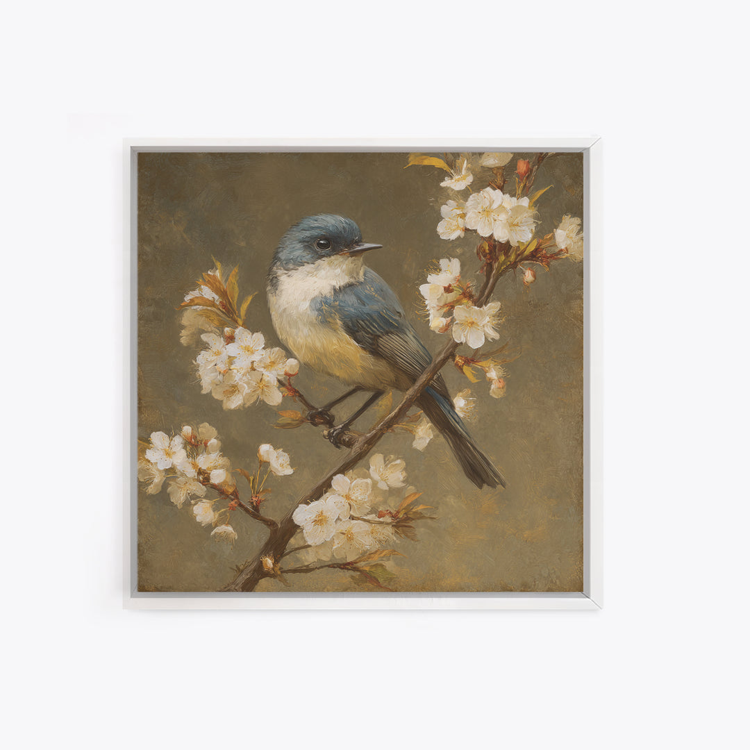 Songbird Perched on Cherry Blossoms Framed Canvas Print, Bird Art, Modern Decor, Living Room Decor, Fine Art, Flight, BIR-1x1-80