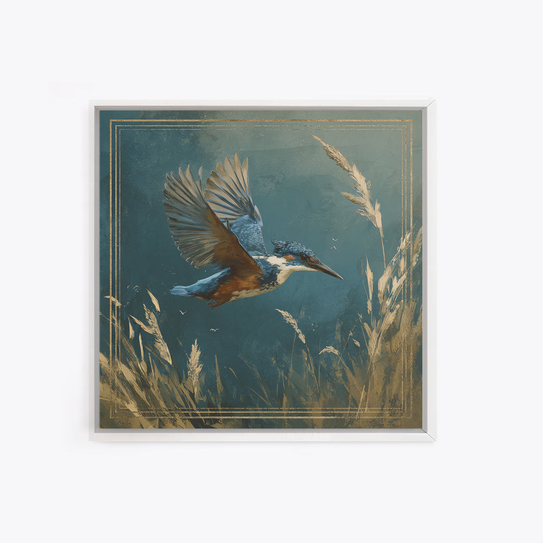 Kingfisher Diving Toward Blue Water Framed Canvas Print, Bird Art, Statement Artwork, Living Room Decor, Fine Art, Flight, BIR-1x1-83