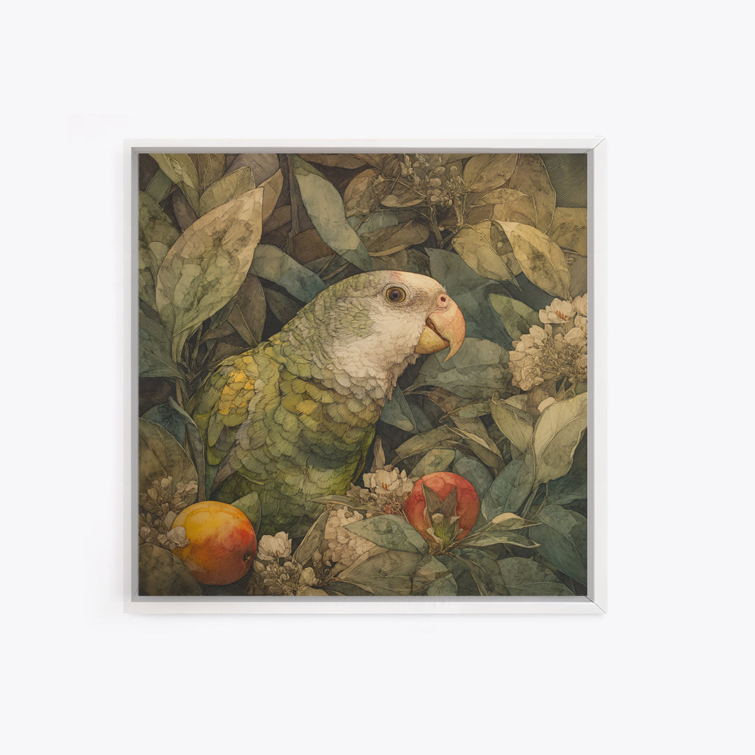Parrot Among Tropical Leaves and Fruit Canvas Print, Bird Art, Boho Decor, Living Room Decor, Fine Art, Flight, BIR-1x1-85
