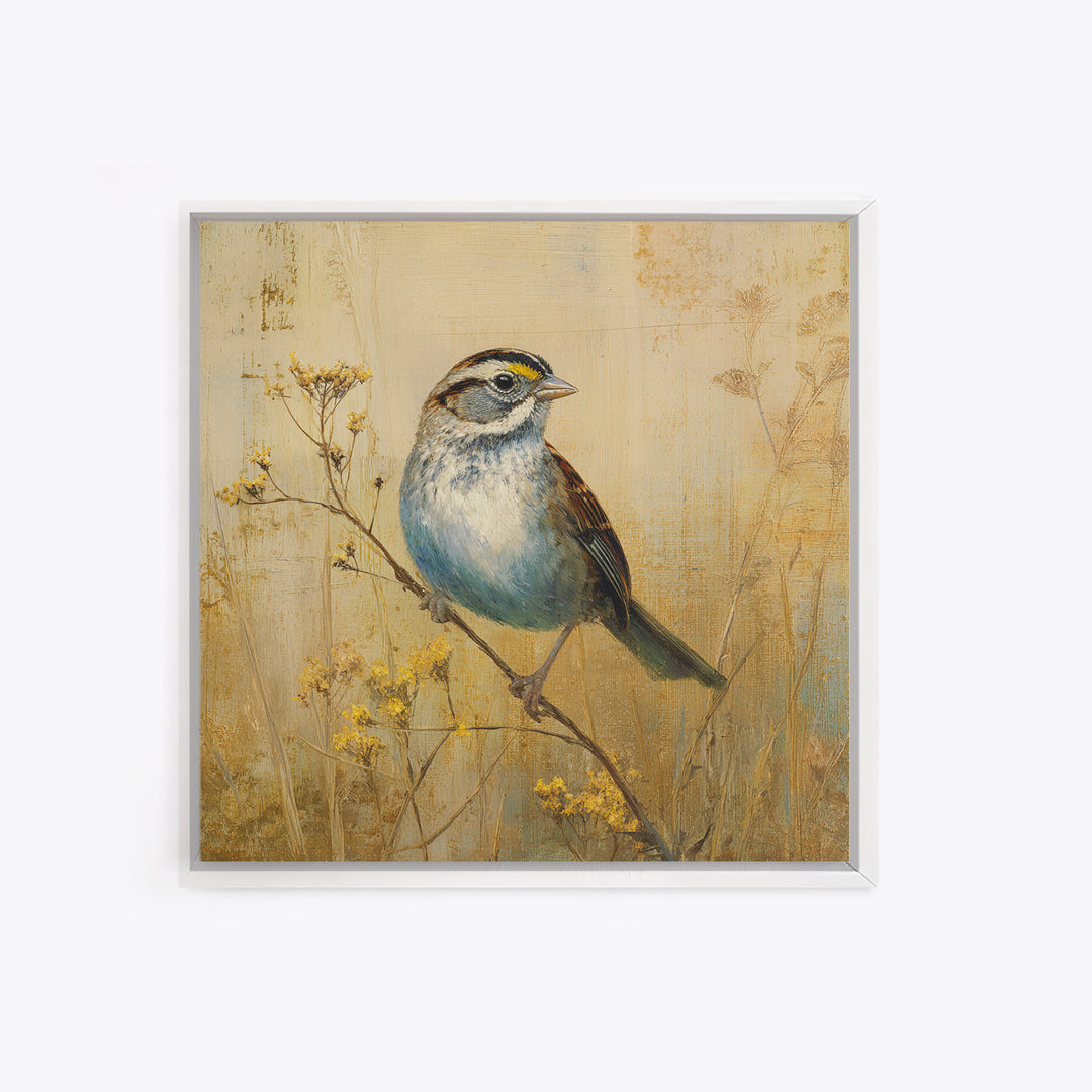 Small Sparrow on Wildflower Stem Canvas Print, Bird Art, Modern Decor, Living Room Decor, Oil Painting, Flight, Home Decor, BIR-1x1-86
