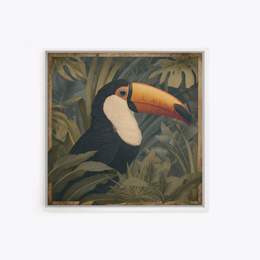 Toucan Framed by Bold Jungle Foliage Canvas Print, Bird Art, Neutral Decor, Living Room Decor, Fine Art, Flight, Wall Art, BIR-1x1-95