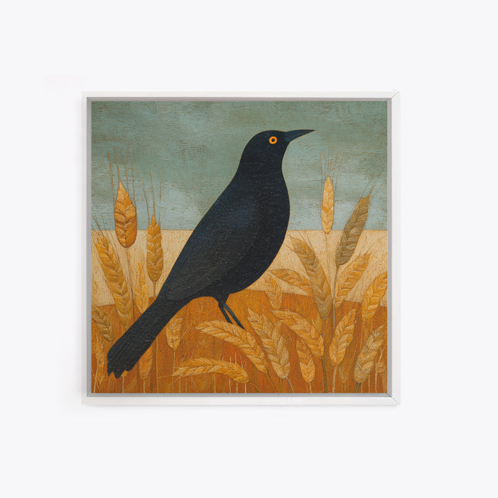 Blackbird on Gold Wheat Field Framed Canvas Print, Bird Art, Printable Wall Art, Living Room Decor, Fine Art, Flight, BIR-1x1-96