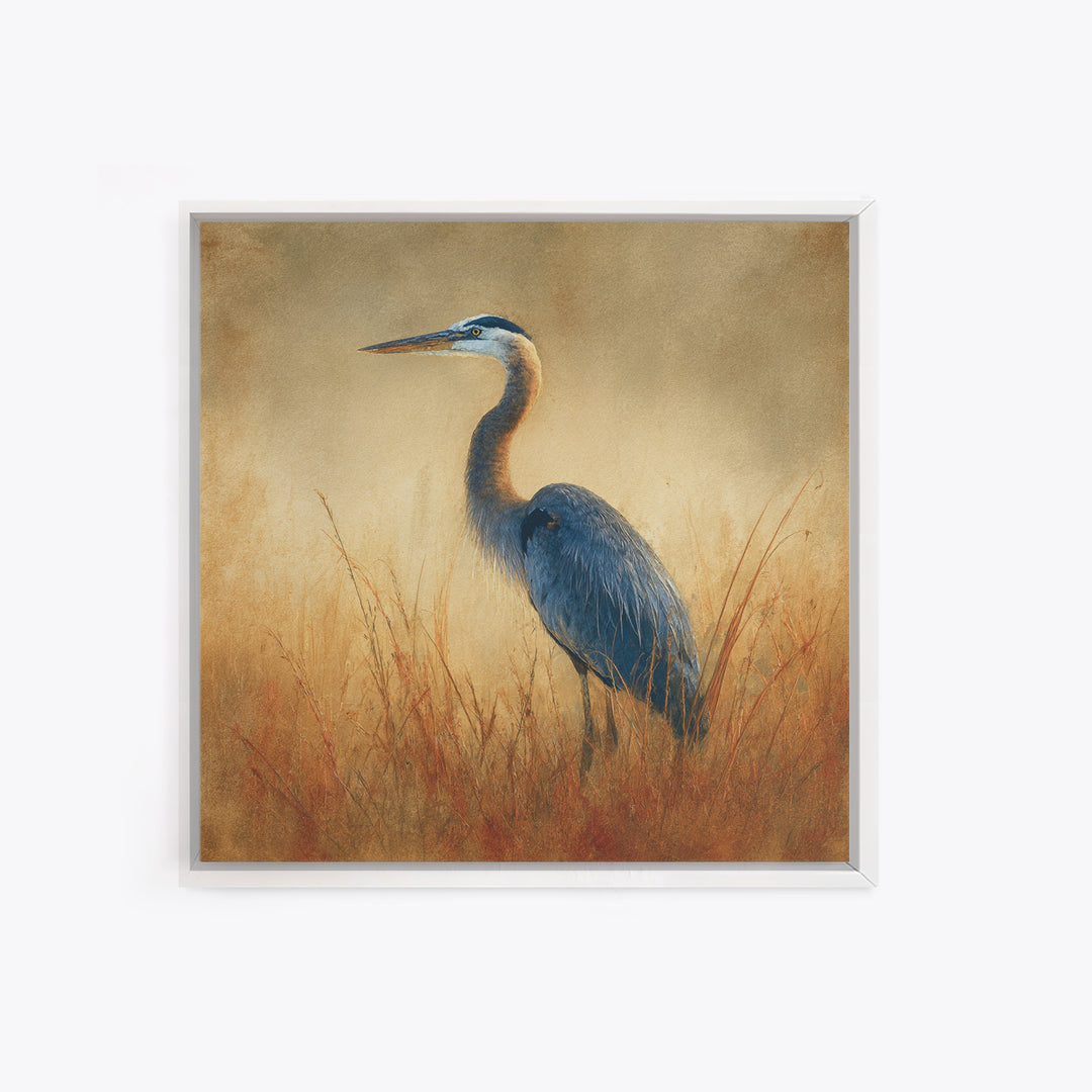Blue Heron in Misty Marsh Grass Canvas Print, Bird Art, Boho Decor, Living Room Decor, Fine Art, Flight, Printable Wall Art, BIR-1x1-98