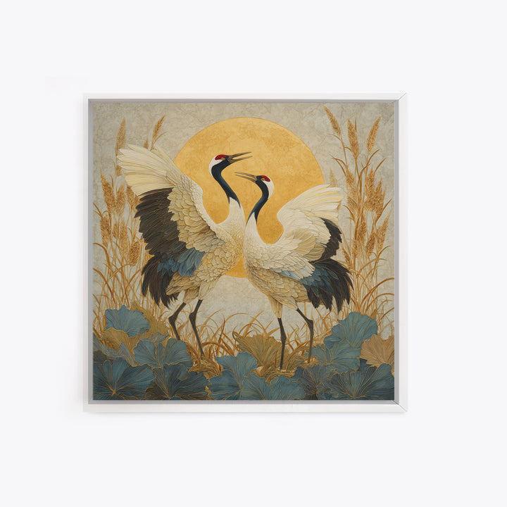 Pair of Cranes Dancing Canvas Print, Bird Art, Wall Art, Living Room Decor, Flight, Japanese Wall Art, Modern Wall Art, BIR-1x1-99