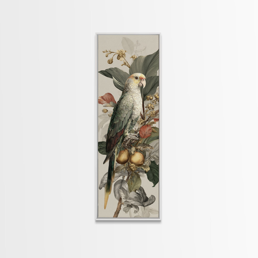 Parrot Among Tropical Leaves and Fruit Canvas Print, Bird Art, Living Room Art, Living Room Decor, Watercolor Art, Flight, BIR-1x3-1