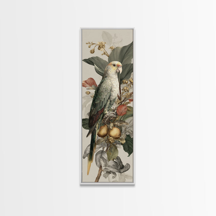 Parrot Among Tropical Leaves and Fruit Canvas Print, Bird Art, Living Room Art, Living Room Decor, Watercolor Art, Flight, BIR-1x3-1