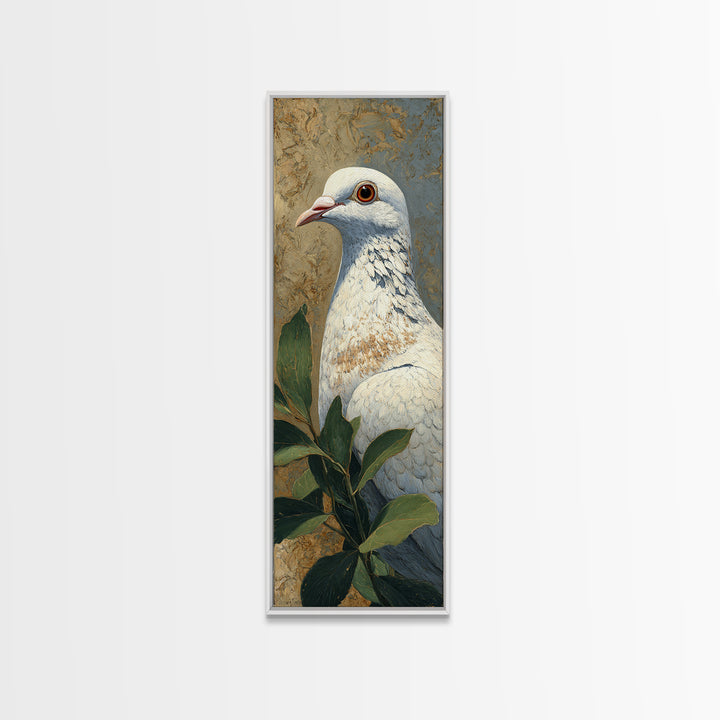 White Dove with Olive Branch and Calm Canvas Print, Bird Art, Gallery Wall, Living Room Decor, Oil Painting, Flight, BIR-1x3-100