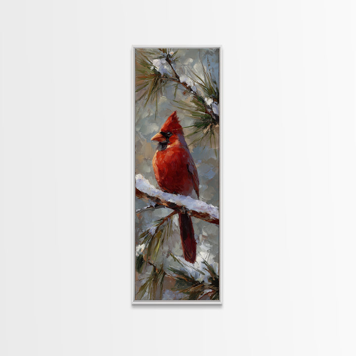 Red Cardinal on Snowy Pine Branch Canvas Print, Bird Art, Statement Artwork, Living Room Decor, Oil Painting, Flight, BIR-1x3-13