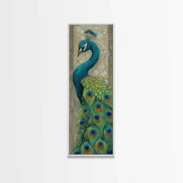 Peacock with Jewel Tone Feather Pattern Framed Canvas Print, Bird Art, Wall Decor, Living Room Decor, Fine Art, Flight, BIR-1x3-19