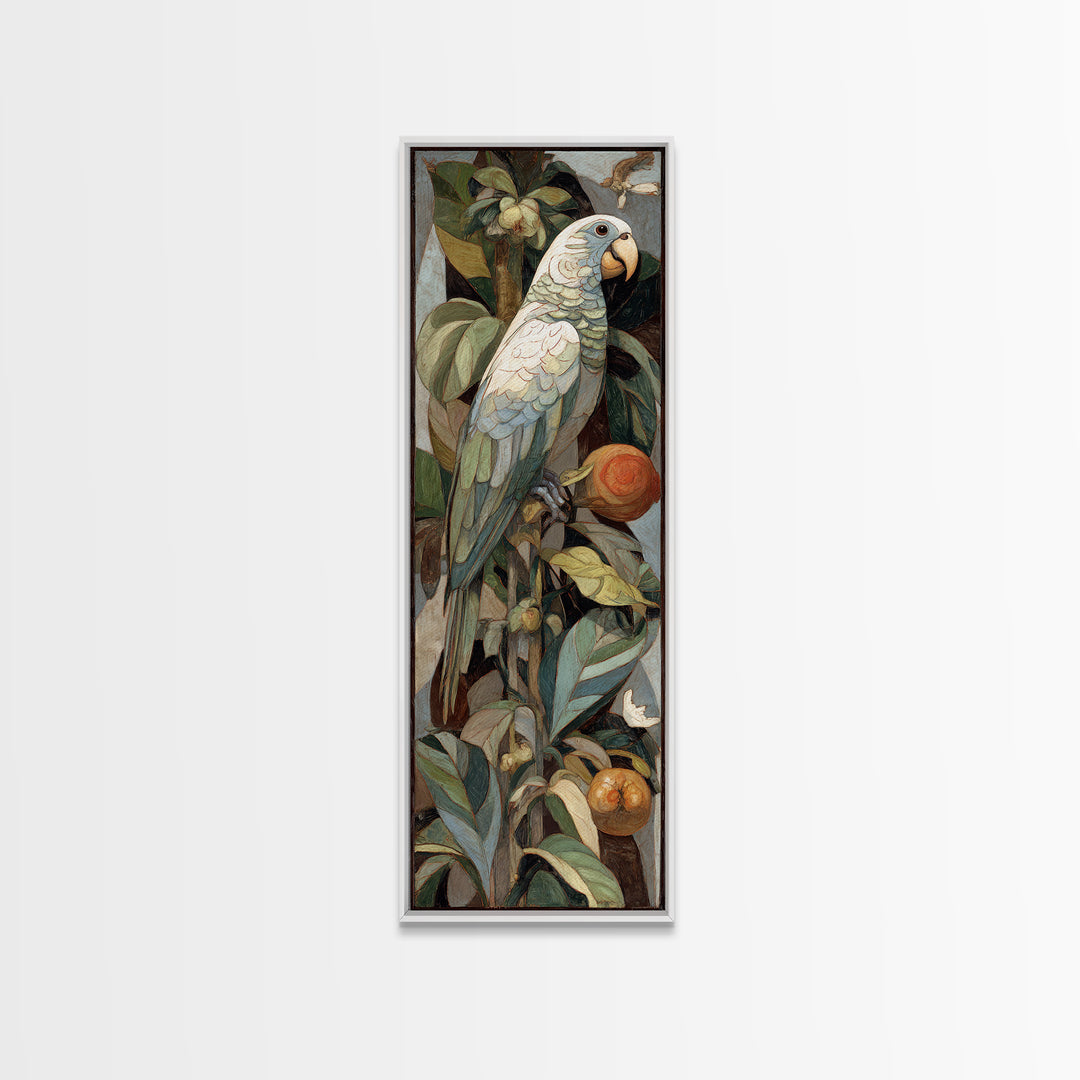 Parrot Among Tropical Leaves and Fruit Canvas Print, Bird Art, Digital Prints, Living Room Decor, Fine Art, Flight, Modern Art, BIR-1x3-25