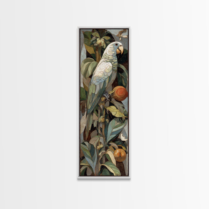Parrot Among Tropical Leaves and Fruit Canvas Print, Bird Art, Digital Prints, Living Room Decor, Fine Art, Flight, Modern Art, BIR-1x3-25