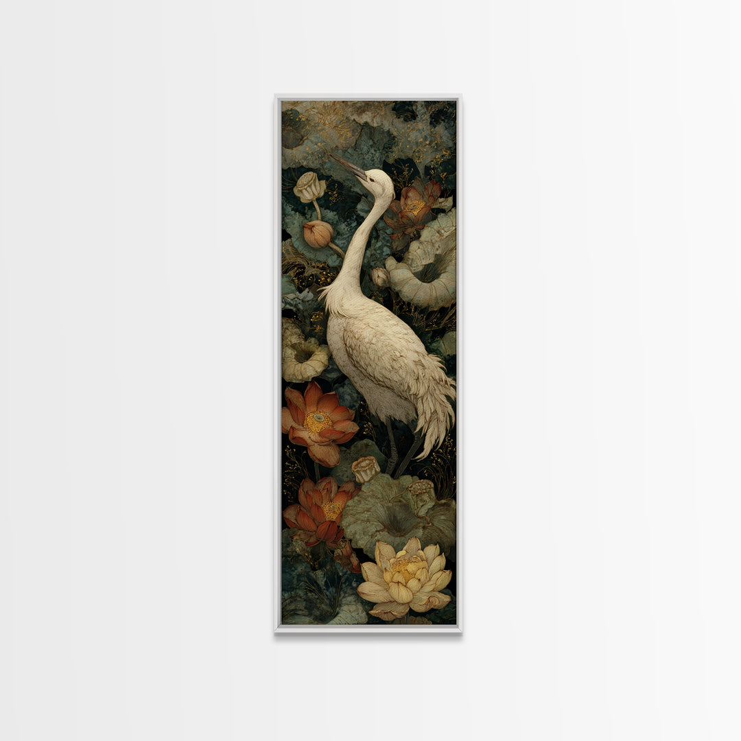 Crane and Lotus Composition Framed Canvas Print, Bird Art, Modern Decor, Living Room Decor, Fine Art, Flight, Home Decor, BIR-1x3-29