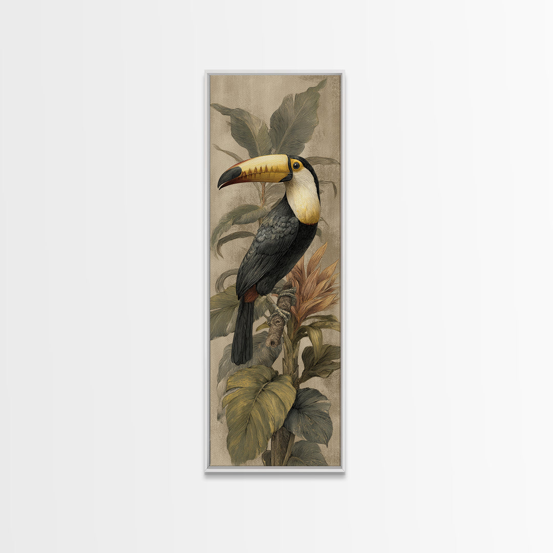 Toucan Framed by Bold Jungle Foliage Canvas Print, Bird Art, Wall Art, Living Room Decor, Fine Art, Flight, Japanese Wall Art, BIR-1x3-35