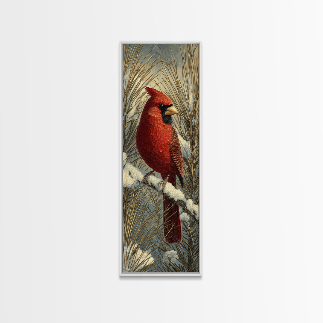 Red Cardinal on Snowy Pine Branch Canvas Print, Bird Art, Statement Artwork, Living Room Decor, Oil Painting, Flight, BIR-1x3-37