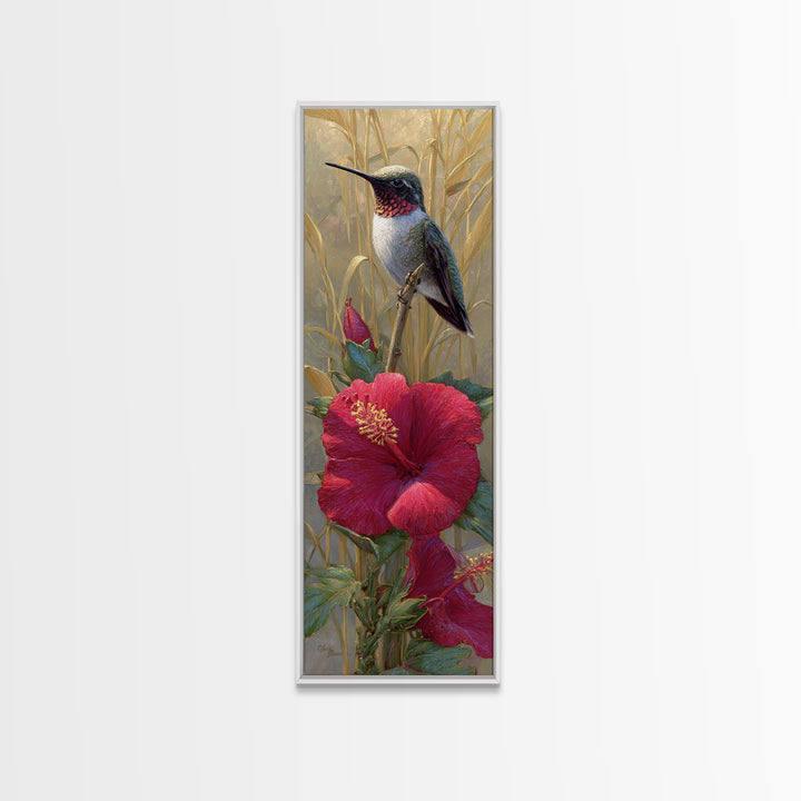 Hummingbird Hovering Beside Bright Hibiscus Canvas Print, Bird Art, Printable Wall Art, Living Room Decor, Fine Art, Flight, BIR-1x3-40