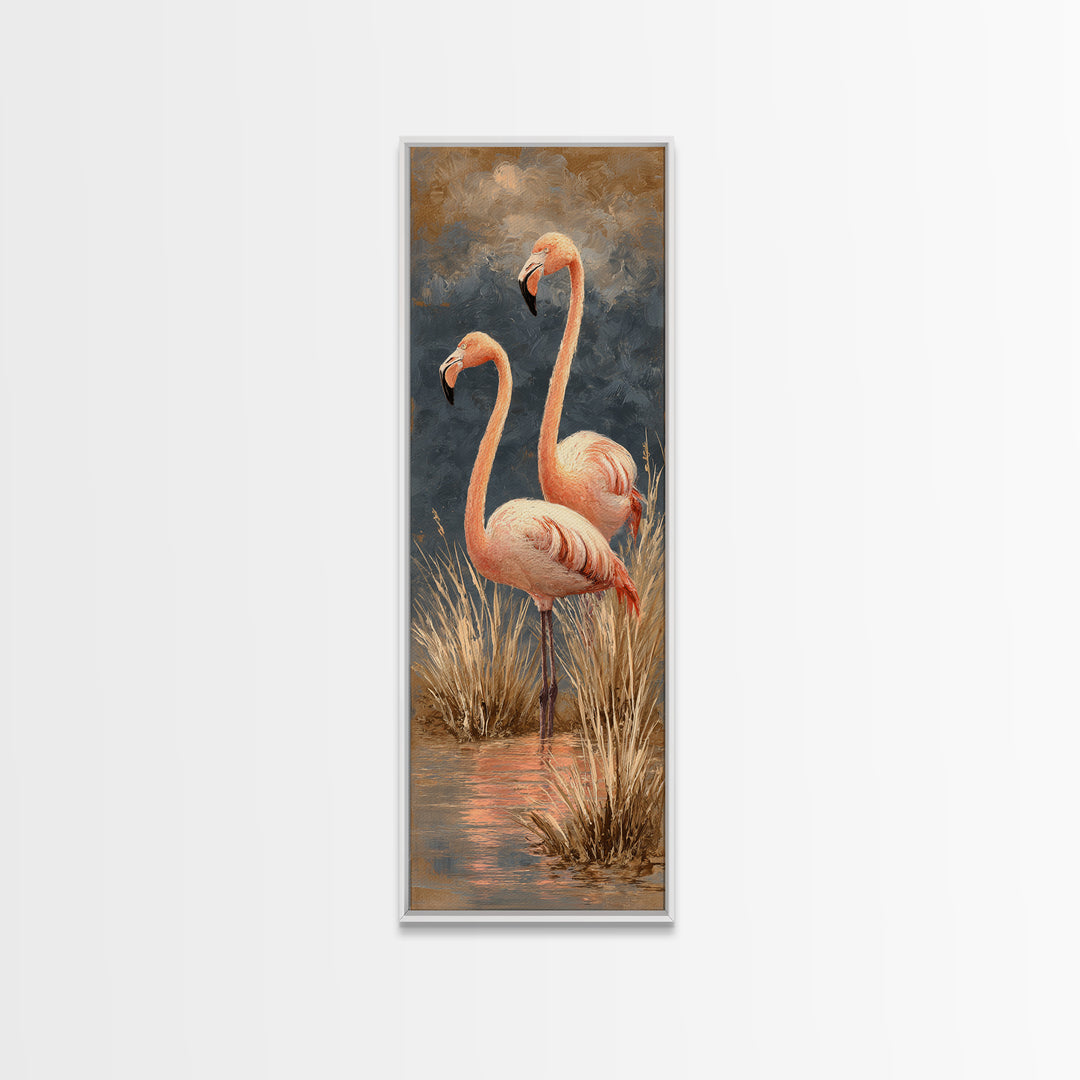 Flamingo Pair in Coral Water Reflections Framed Canvas Print, Bird Art, Rustic Home Decor, Living Room Decor, Fine Art, Flight, BIR-1x3-46