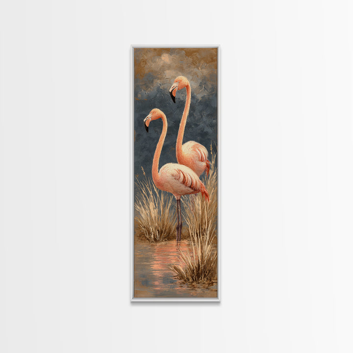 Flamingo Pair in Coral Water Reflections Framed Canvas Print, Bird Art, Rustic Home Decor, Living Room Decor, Fine Art, Flight, BIR-1x3-46