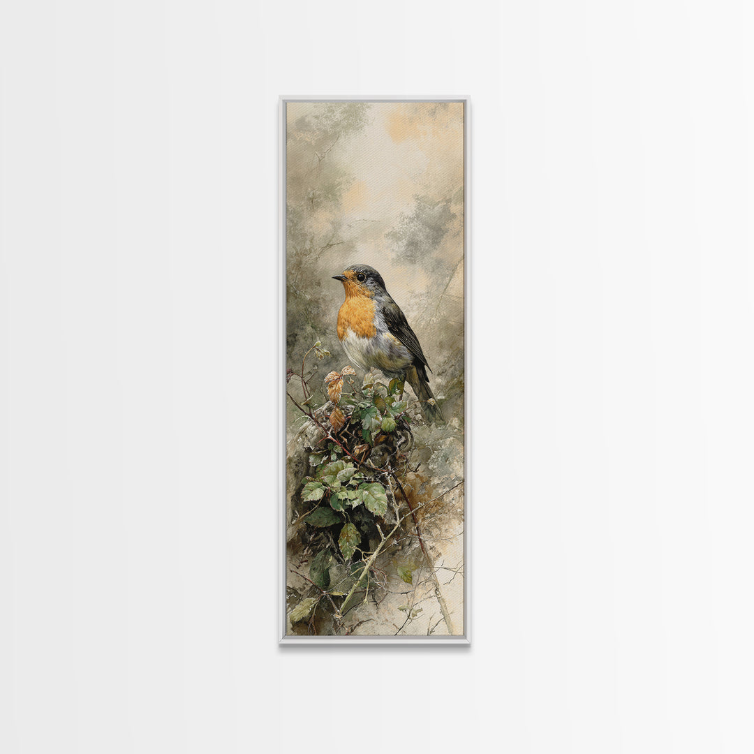 Robin in a Spring Garden with Soft Canvas Print, Bird Art, Living Room Decor, Fine Art, Flight, Rustic Home Decor, Floral Art, BIR-1x3-51