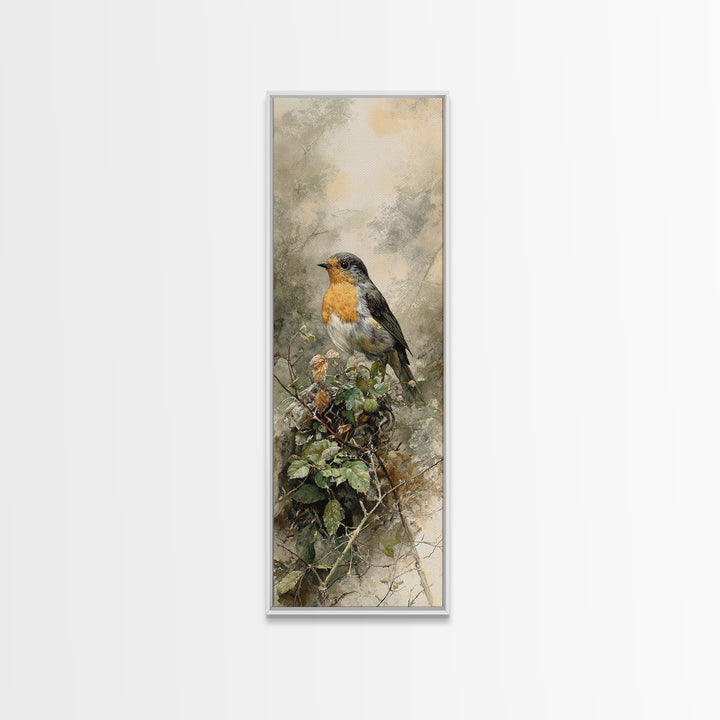 Robin in a Spring Garden with Soft Canvas Print, Bird Art, Living Room Decor, Fine Art, Flight, Rustic Home Decor, Floral Art, BIR-1x3-51