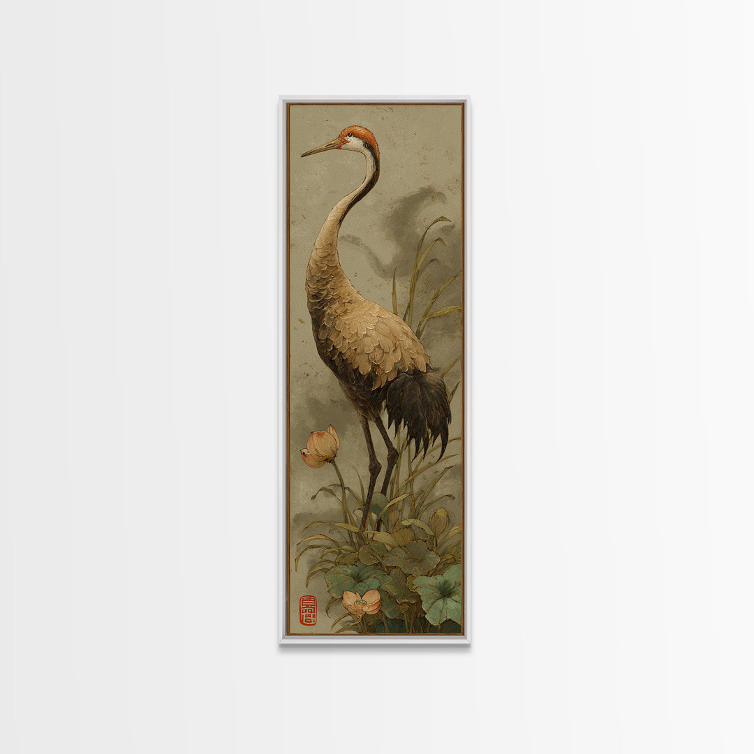 Crane and Lotus Composition Framed Canvas Print, Bird Art, Modern Decor, Living Room Decor, Fine Art, Flight, Home Decor, BIR-1x3-53