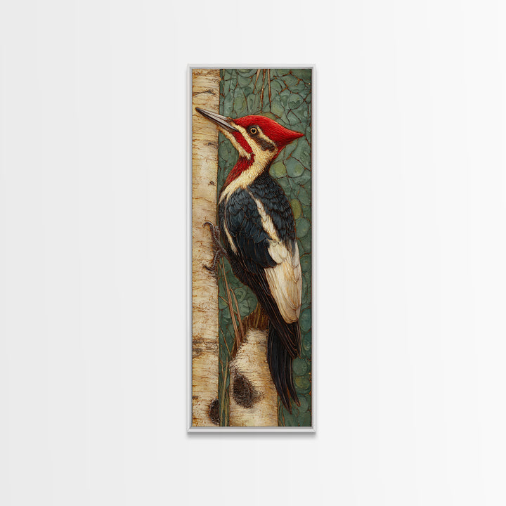 Woodpecker on Birch Bark Texture Canvas Print, Bird Art, Fine Art Print, Living Room Decor, Abstract Art, Flight, Wall Decor, BIR-1x3-57