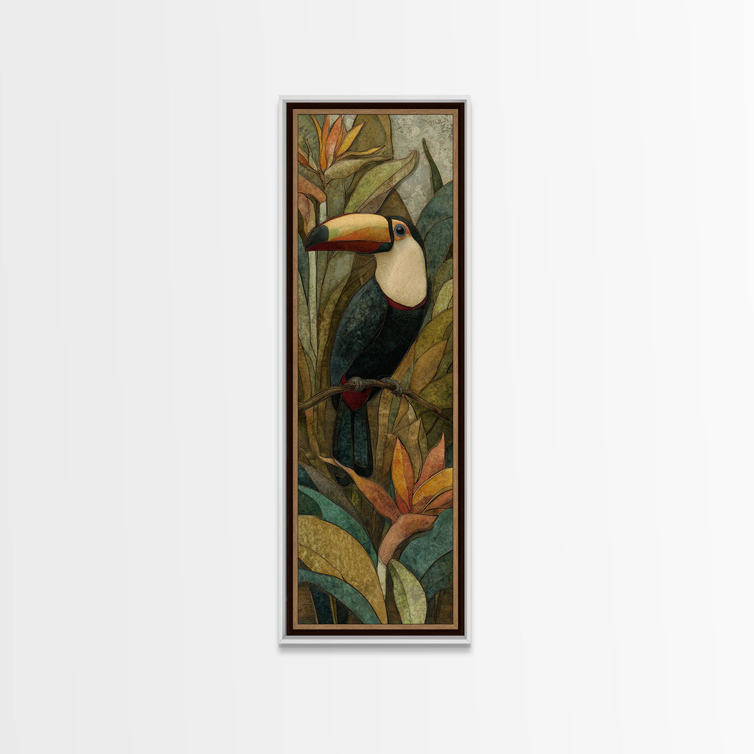 Toucan Framed by Bold Jungle Foliage Canvas Print, Bird Art, Watercolor Painting, Living Room Decor, Fine Art, Flight, BIR-1x3-59