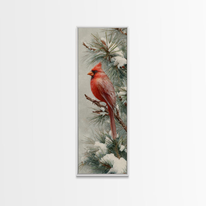 Red Cardinal on Snowy Pine Branch Framed Canvas Print, Bird Art, Textured Painting, Living Room Decor, Watercolor Art, Flight, BIR-1x3-61