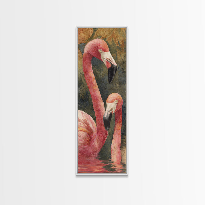 Flamingo Pair in Coral Water Reflections Framed Canvas Print, Bird Art, Rustic Home Decor, Living Room Decor, Fine Art, Flight, BIR-1x3-70