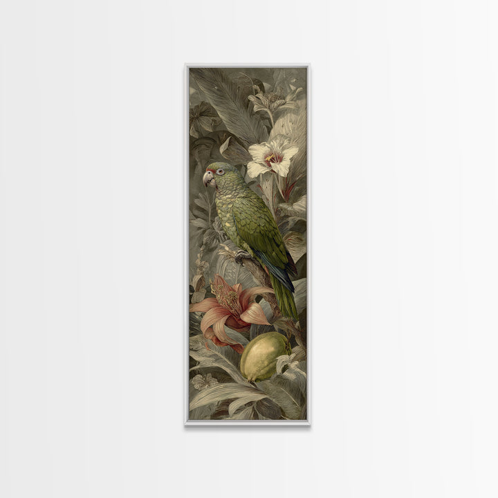 Parrot Among Tropical Leaves and Fruit Canvas Print, Bird Art, Mid Century Modern, Living Room Decor, Fine Art, Flight, BIR-1x3-73