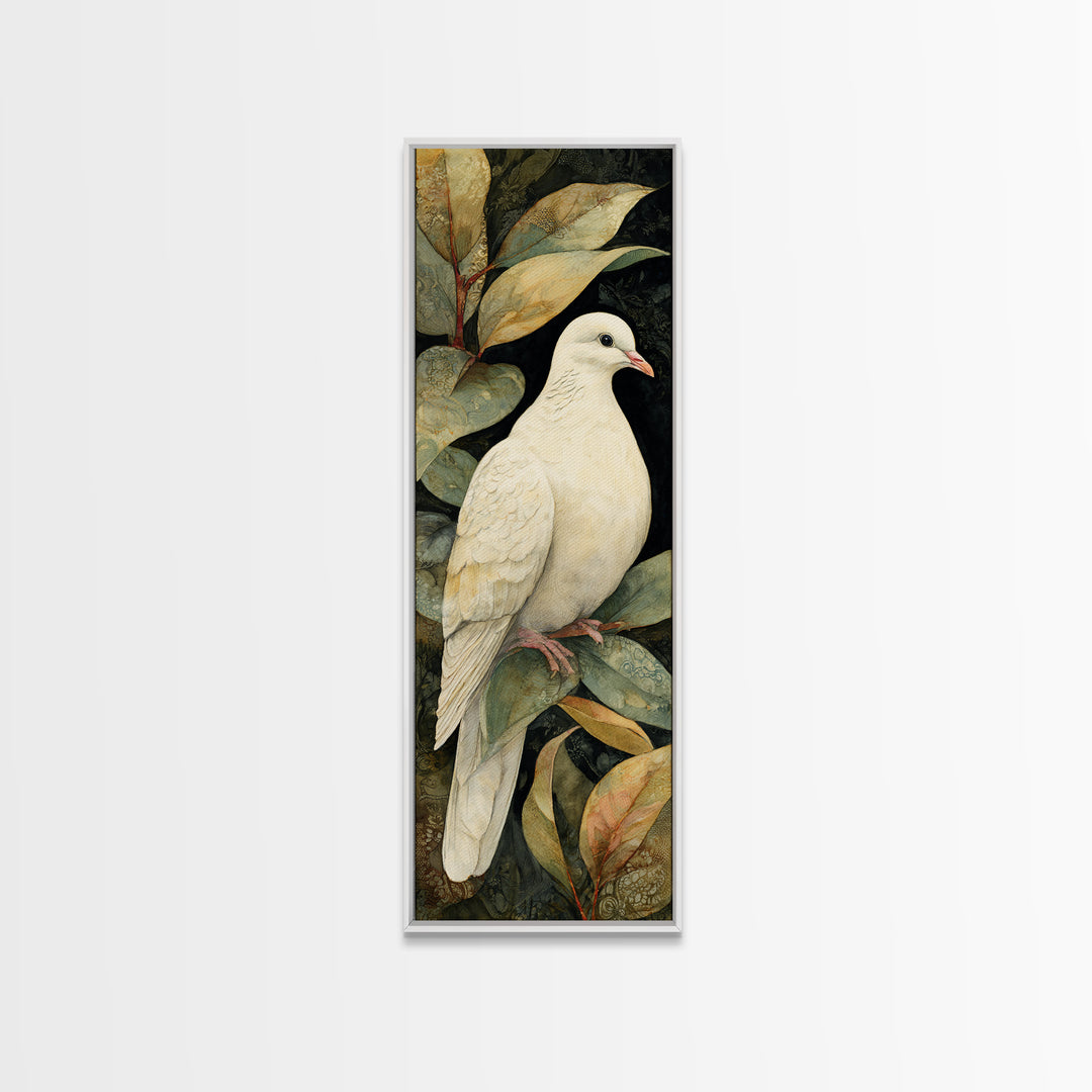 White Dove with Olive Branch and Calm Framed Canvas Print, Bird Art, Japanese Wall Art, Living Room Decor, Fine Art, Flight, BIR-1x3-76