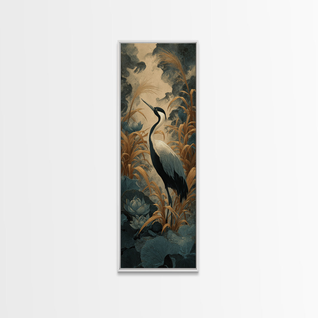 Crane and Lotus Composition Canvas Print, Bird Art, Art Print, Living Room Decor, Fine Art, Flight, Original Art, Digital Print, BIR-1x3-77