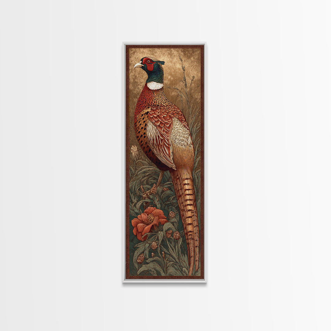 Pheasant with Ornate Feather Details Framed Canvas Print, Bird Art, Modern Art, Living Room Decor, Fine Art, Flight, Floral Art, BIR-1x3-79
