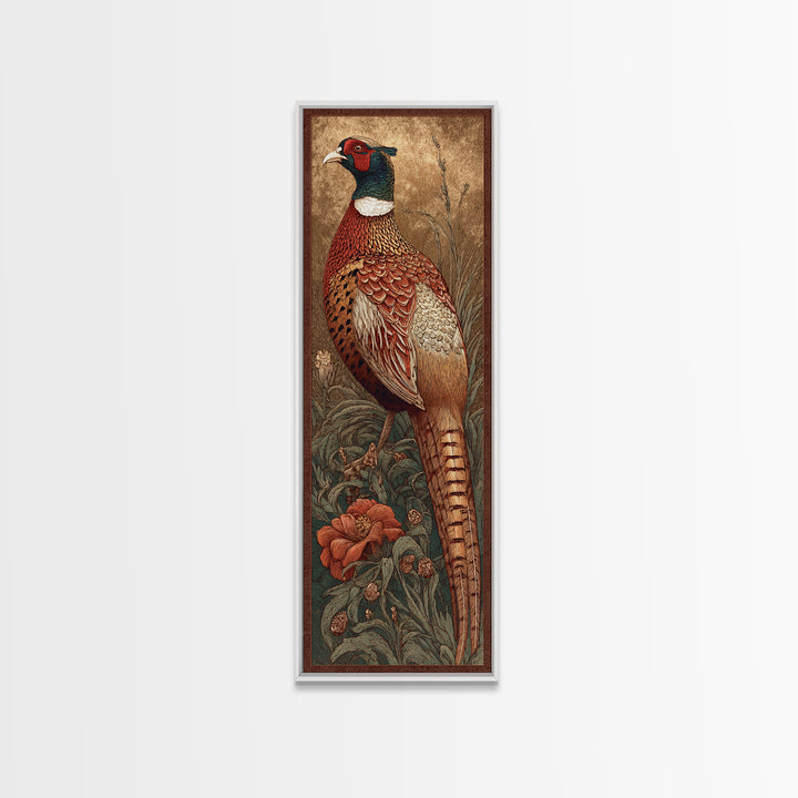Pheasant with Ornate Feather Details Framed Canvas Print, Bird Art, Modern Art, Living Room Decor, Fine Art, Flight, Floral Art, BIR-1x3-79