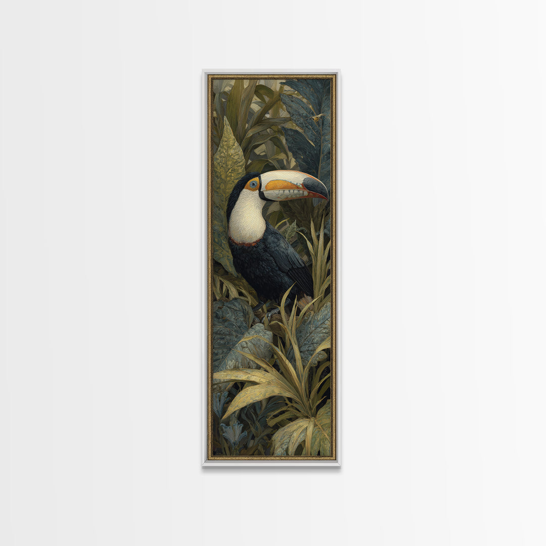 Toucan Framed by Bold Jungle Foliage Framed Canvas Print, Bird Art, Botanical Wall Art, Living Room Decor, Fine Art, Flight, BIR-1x3-83