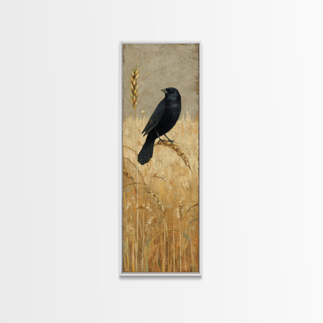 Blackbird on Gold Wheat Field Framed Canvas Print, Bird Art, Printable Art, Living Room Decor, Flight, Mid Century Wall Art, BIR-1x3-84