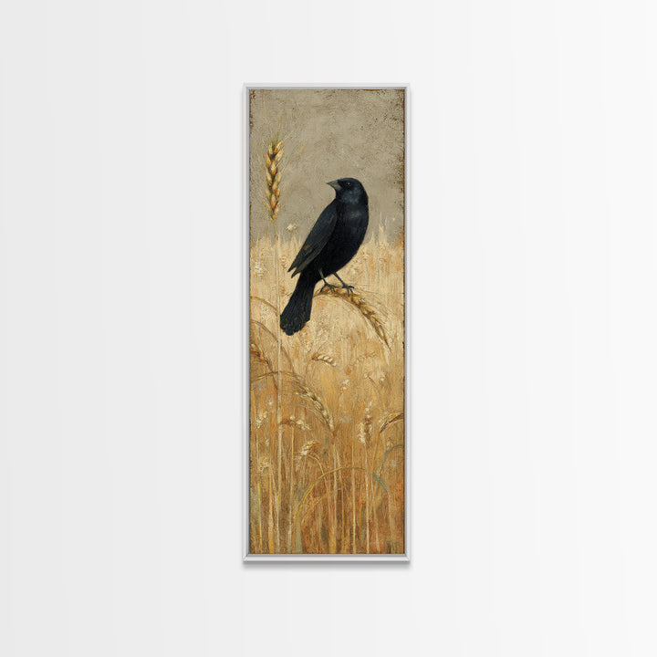 Blackbird on Gold Wheat Field Framed Canvas Print, Bird Art, Printable Art, Living Room Decor, Flight, Mid Century Wall Art, BIR-1x3-84