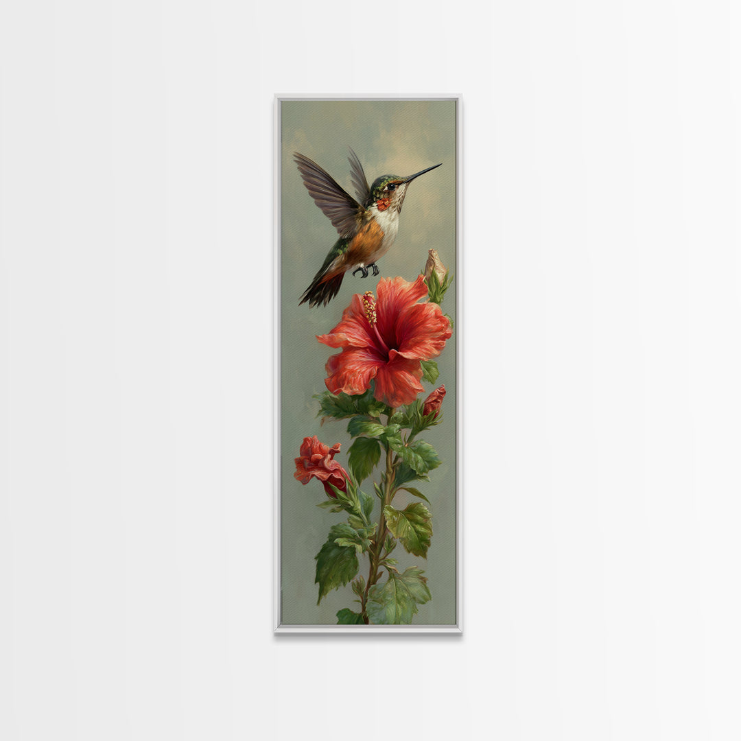 Hummingbird Hovering Beside Bright Hibiscus Canvas Print, Bird Art, Living Room Decor, Fine Art, Flight, Rustic Home Decor, BIR-1x3-88