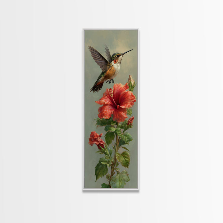 Hummingbird Hovering Beside Bright Hibiscus Canvas Print, Bird Art, Living Room Decor, Fine Art, Flight, Rustic Home Decor, BIR-1x3-88