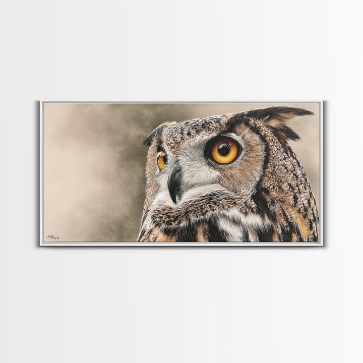 Owl Portrait with Wise Golden Eyes Framed Canvas Print, Bird Art, Home Decor, Living Room Decor, Flight, Modern Wall Art, BIR-2x1-1