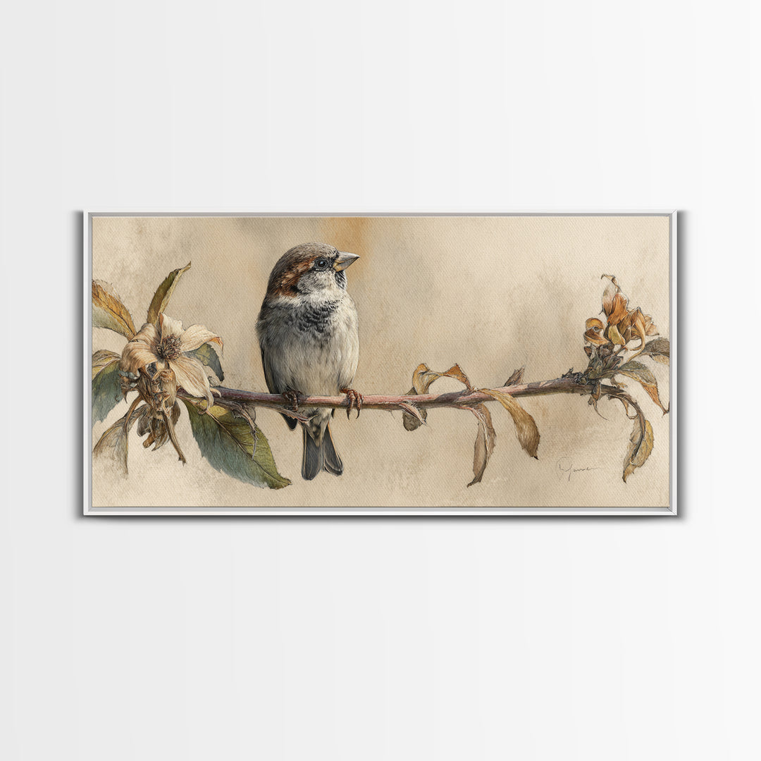 Small Sparrow on Wildflower Stem Framed Canvas Print, Bird Art, Art Print, Living Room Decor, Watercolor Art, Flight, BIR-2x1-10