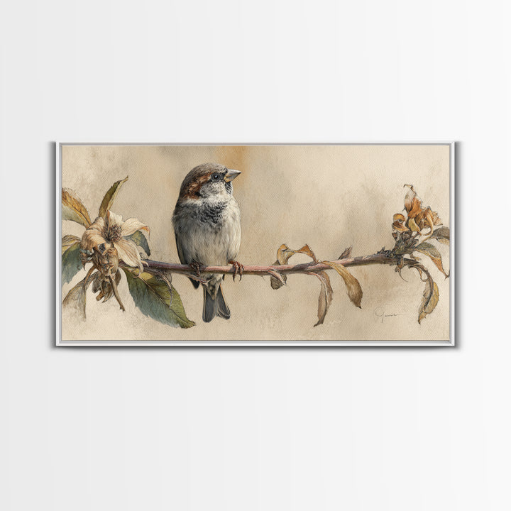 Small Sparrow on Wildflower Stem Framed Canvas Print, Bird Art, Art Print, Living Room Decor, Watercolor Art, Flight, BIR-2x1-10