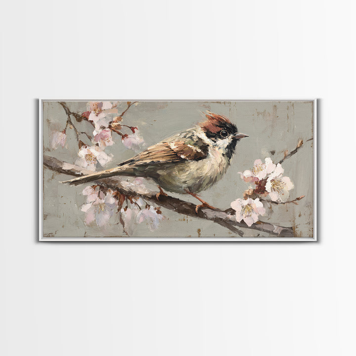 Songbird Perched on Cherry Blossoms Framed Canvas Print, Bird Art, Mid Century Wall Art, Living Room Decor, Fine Art, Flight, BIR-2x1-100