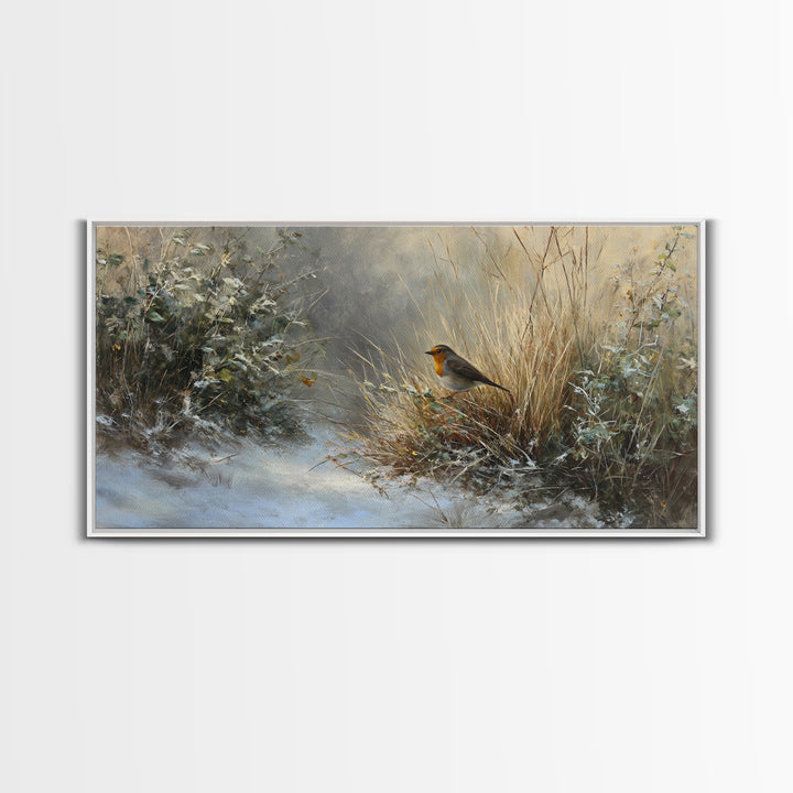 Robin in a Spring Garden with Soft Framed Canvas Print, Bird Art, Gallery Wall, Living Room Decor, Flight, Gallery Decor, BIR-2x1-11