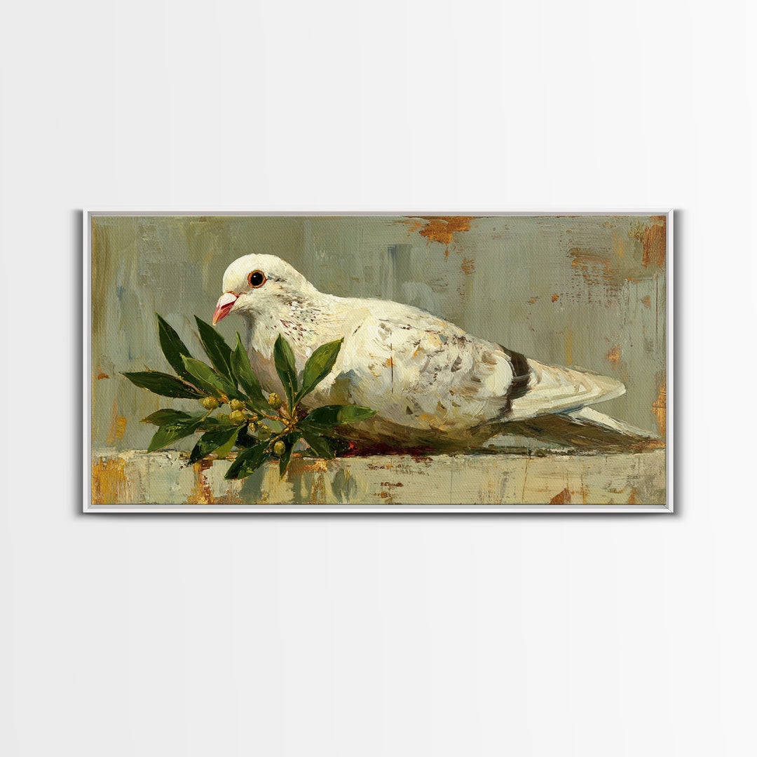 White Dove with Olive Branch and Calm Framed Canvas Print, Bird Art, Art Print, Living Room Decor, Watercolor Art, Flight, BIR-2x1-12