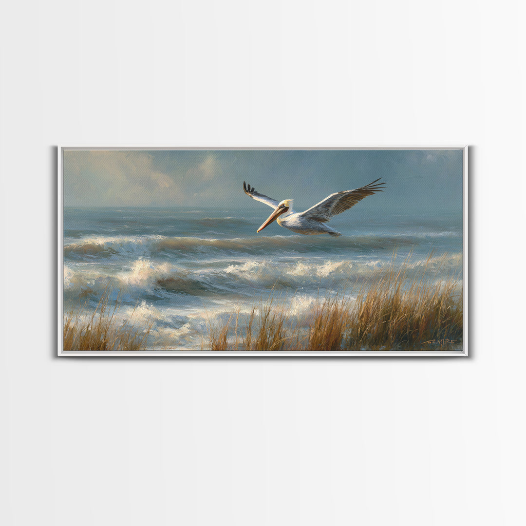 Pelican Flying over Coastal Waves Framed Canvas Print, Bird Art, Fine Art Print, Living Room Decor, Watercolor Art, Flight, BIR-2x1-14