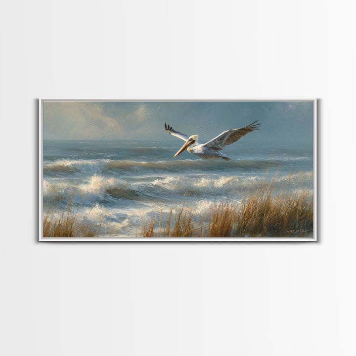 Pelican Flying over Coastal Waves Framed Canvas Print, Bird Art, Fine Art Print, Living Room Decor, Watercolor Art, Flight, BIR-2x1-14