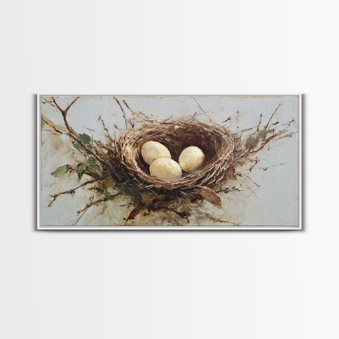 Bird Nest with Eggs and Delicate Twigs Framed Canvas Print, Bird Art, Statement Artwork, Living Room Decor, Fine Art, Flight, BIR-2x1-18